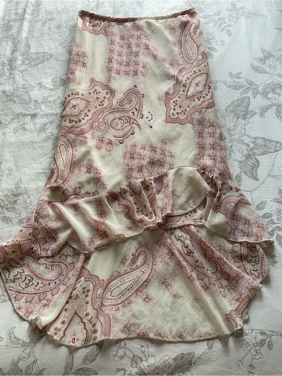 Vintage Dresses & Skirts - Y2K Cream Pink Asymmetric Chiffon Pull On Midi Skirt Small Fairycore Ethereal